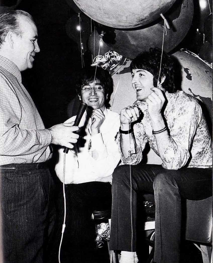 Lennon and McCartney are all smiles as they chat to the BBC’s Steve Race at The Beatles recording of ‘All You Need Is Love’, June 1967.