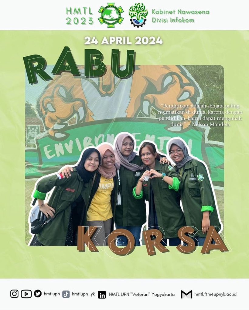 [RABU KORSA]

Selamat Hari Rabu!
Awali harimu dengan pikiran positif dengan hati yang bersyukur.
Selalu tanamkan jiwa korsa kalian💚

#BersamaBisa
#HMTL2023
#RabuKorsa
#Nawasena