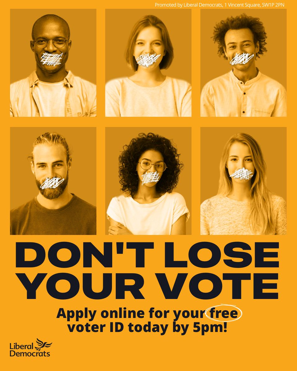 No photo ID? You’ve still got until midnight tonight to apply for a FREE voter certificate. Apply is easy and can be done online. Don’t lose your voice this May! Apply now for your free voter ID ⬇️ gov.uk/apply-for-phot…