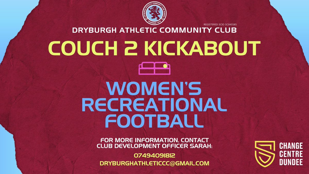 COUCH 2 KICKABOUT - Women’s Recreational Football ⚽️ Session Details: 🗓️ Wednesdays ⌚️ 7.00-8.00pm 📍Change Centre Dundee (outdoor pitches) myclub-hub.com/organisations/… For more information about the session contact Sarah: 📱07494091812 📧 dryburghathleticcc@gmail.com