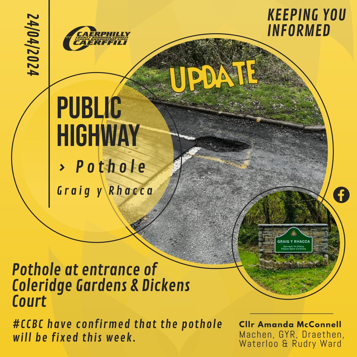 ⚠️ UPDATE: Pothole will be fixed this week! 

#MachenRudryWard #GYRarea #CCBC