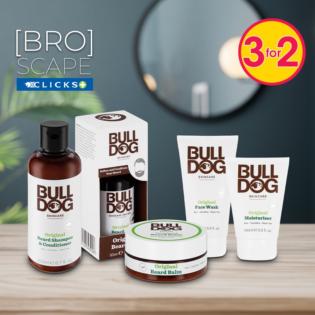 Clicks_SA's tweet photo. Have you tried the Bull Dog skincare range yet?

Now is your chance to discover a full range from Face Wash to Moisturiser, Beard Shampoo &amp; Conditioner, and Beard Balm.

Shop our 3 for 2 offer online and in store to SAVE! -> https://t.co/PjhZOddned

#BullDogSkincare #BroScape https://t.co/Nbhl80zUJ7