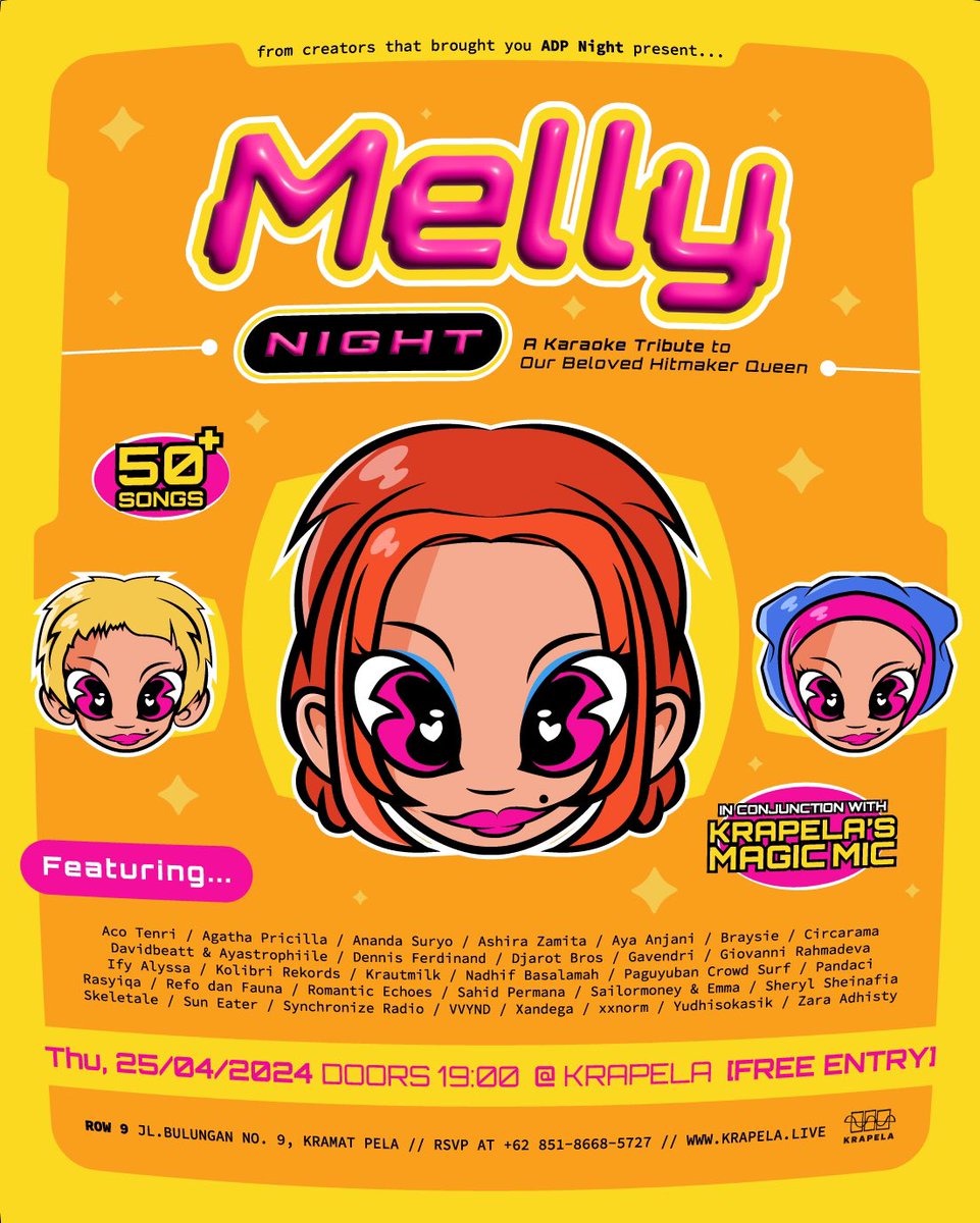 deffeux's tweet photo. Atas mandat @tghwcksn, akhirnya bikin tribute karaoke night lagi! Kali ini bersama @rifandaputri, kami mempersembahkan:

MELLY NIGHT!
a tribute karaoke to our beloved hitmaker queen 💛

Besok malam di Krapela
Jam 7 - suara habis. FREE ENTRY ✨

Poster &amp; ilustrasi by @abimantap 👍🏼 https://t.co/QibD2KpDZT
