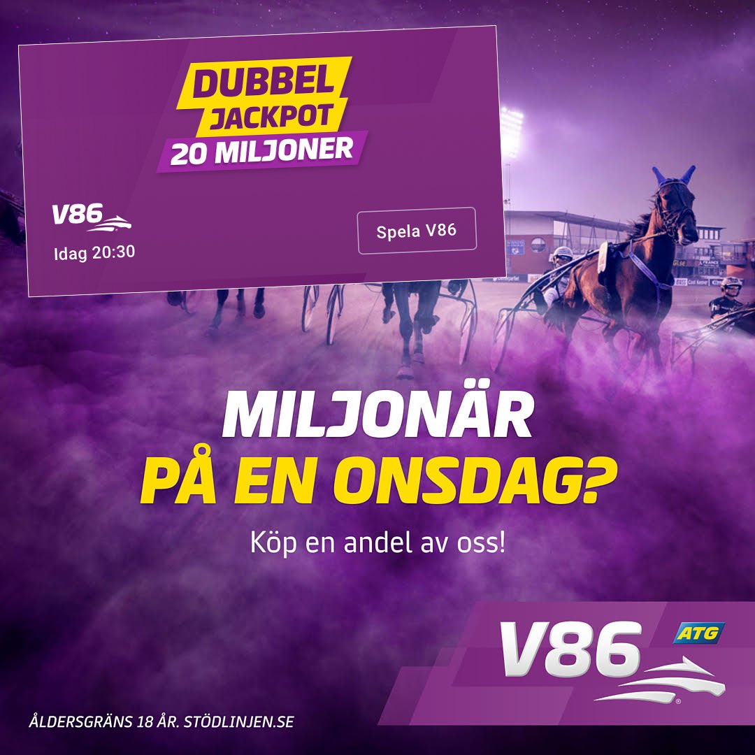 Dubbeljackpot på #V86 i kväll - vi spelar om totalt 20 miljoner kronor 💰 Låter det intressant? 😊 Vårt populära spelgäng har gjort jobbet – vill Du åka med? 🐴🚂 👉🏻 Varmt välkomna in till Oss här: atg.se/torpatips 👈🏻