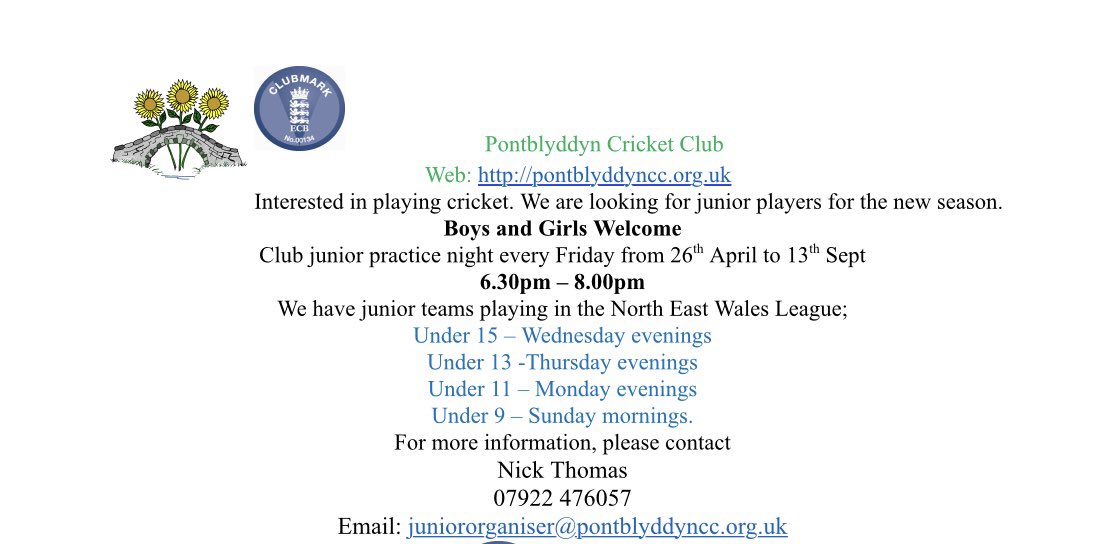 Exciting opportunity to play cricket @PontblyddynCC . BBQ every Friday and bar open too!! @CAHS_PE @CastellAlun @YsgolDerwenfa @YsgolDerwen @YsgolSantIoan @YsgolPenyffordd