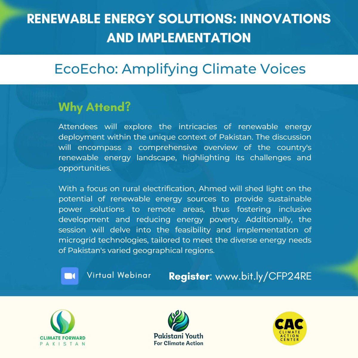 Exciting news! Manzoor from PRIED is joining Climate Forward Pakistan for an insightful session on renewable energy solutions as part of the ongoing 'EcoEcho: Amplifying Climate Voices' webinar series. 🖇️Join the session here: bit.ly/CFP24RE