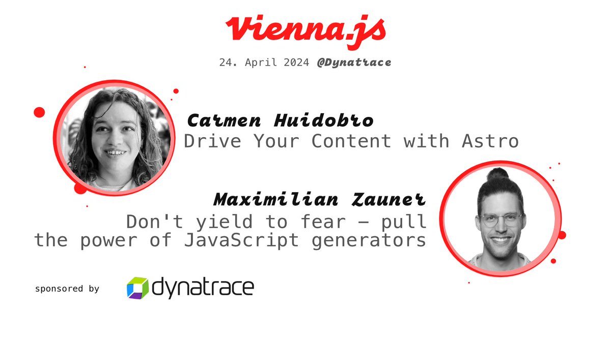 It's the last Wednesday of the month, so it's time for another @viennajs meetup.

Today on stage at @Dynatrace, we have:
- @hola_soy_milk sharing @astrodotbuild love and 
- @mxmlnznr presenting the power of JS generators

Our friends at @dotJS provided some goodies.

See you!