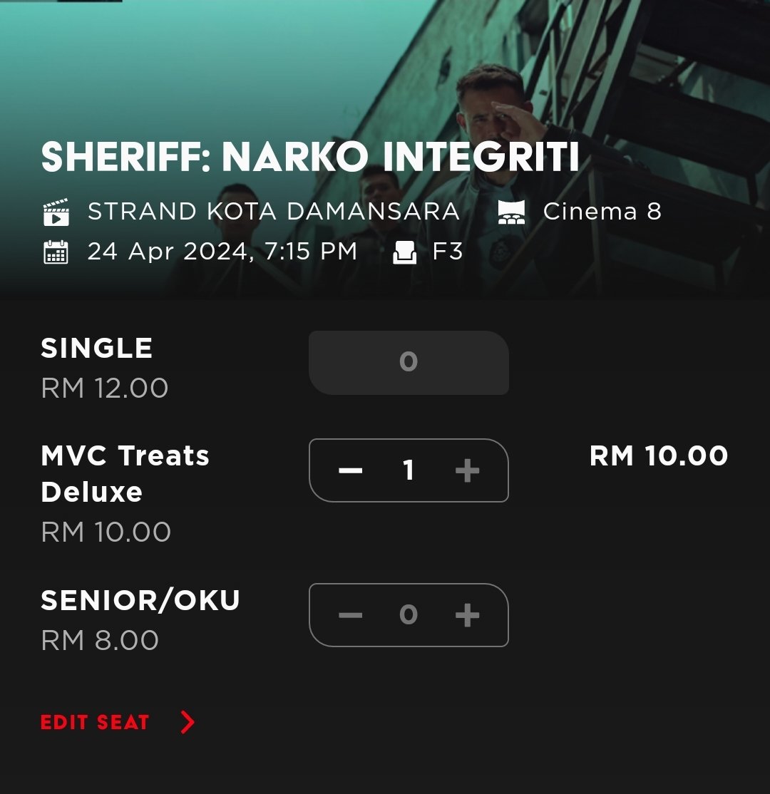 Jika anda mahu menonton #Sheriff pada harga diskaun. Boleh tempah tiket dengan memilih MVC Treats Deluxe untuk memperoleh harga tiket cuma RM10. Guna aplikasi daripada @TGVCinemas untuk dapatkan harga yang murah. #SokongFilemTempatan