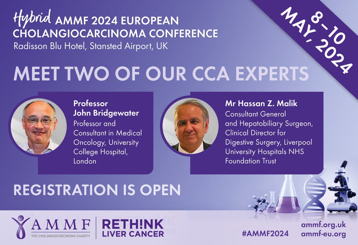 #AMMF’s European #Cholangiocarcinoma Conference is 08-10 May – don’t miss it! Hear from the world’s leading CCA experts including oncologist, Prof John Bridgewater and surgeon, Mr Hassan Malik. REGISTER NOW (virtual or in person): ammf.org.uk/ammf-conferenc… #livertwitter