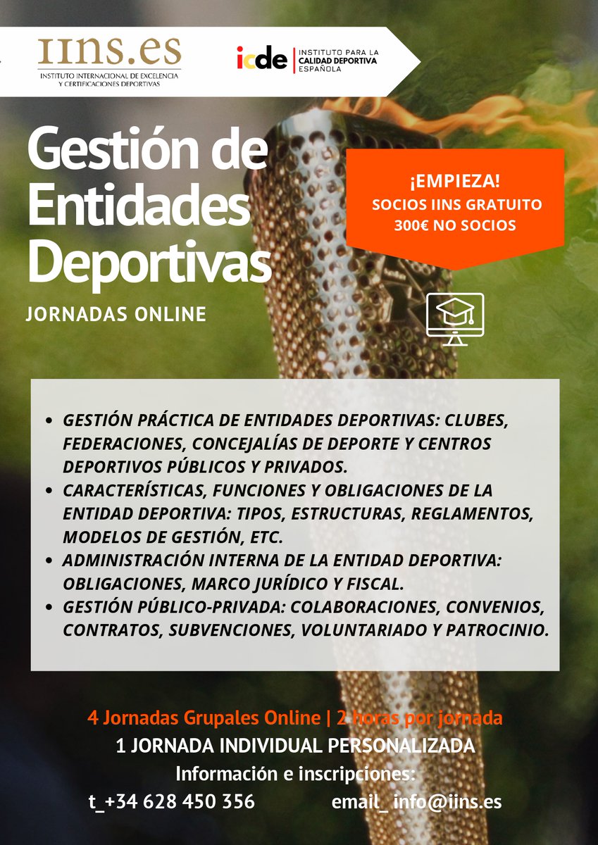 🧑‍💻¿Interesado en #gestióndeportiva? 

Descubre "Gestión de Entidades Deportivas" en el #IINS. Aprende sobre características, funciones y administración. ¡Inscríbete en mayo! Jornadas #online. 

💥¡Tarifas especiales para la familia IINS!

📩info@iins.es / +34 628450356 #Formación