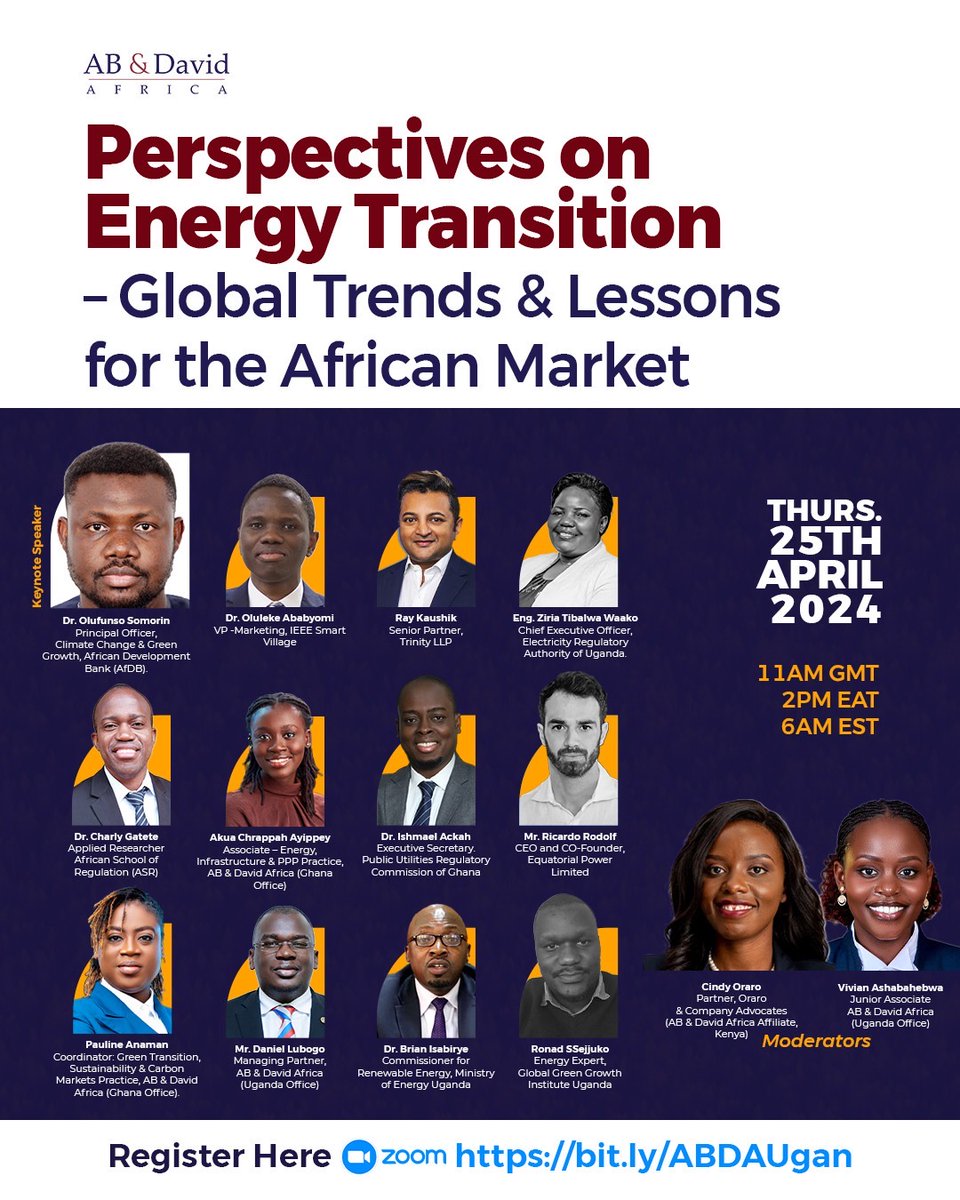 #ZoomWebinar Don't miss this chance to engage in a thought-provoking dialogue on Energy Transition: Global Trends and Lessons for the African Market. 🚀April 25th, 2024 ⏰Time: 2 pm EAT. Link: bit.ly/ABDAUgan