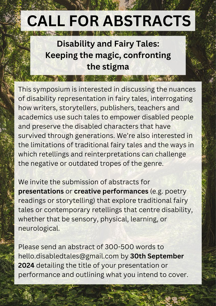 DisabledTales's tweet image. 🚨 #CallForAbstracts 🚨

Disability and Fairy Tales: Keeping the magic, confronting the stigma.

We're delighted to be co-organising this symposium with Professor Nicola Grove (founder of @OpenStoryTeller)!

Full details here: disabledtales.co.uk/symposium.html

#Disability #FairyTales #CFP