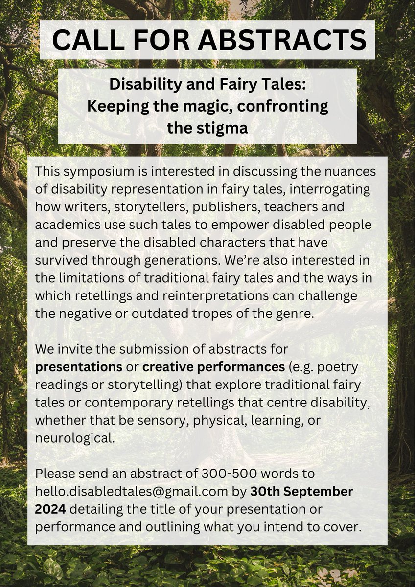 🚨 #CallForAbstracts 🚨 Disability and Fairy Tales: Keeping the magic, confronting the stigma. We're delighted to be co-organising this symposium with Professor Nicola Grove (founder of @OpenStoryTeller)! Full details here: disabledtales.co.uk/symposium.html #Disability #FairyTales #CFP