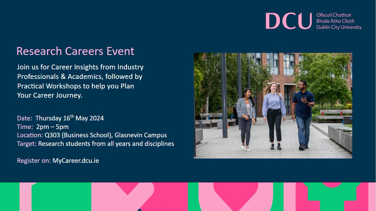 .@DCU_Careers are running a 𝐑𝐞𝐬𝐞𝐚𝐫𝐜𝐡 𝐂𝐚𝐫𝐞𝐞𝐫𝐬 𝐄𝐯𝐞𝐧𝐭 for @DCU PG Research Students, 16 May, 2-5pm, with discussions by Professionals & Academics followed by a practical workshop to help you plan your career journey🌠 Register➡️MyCareer.dcu.ie #WeAreDCU