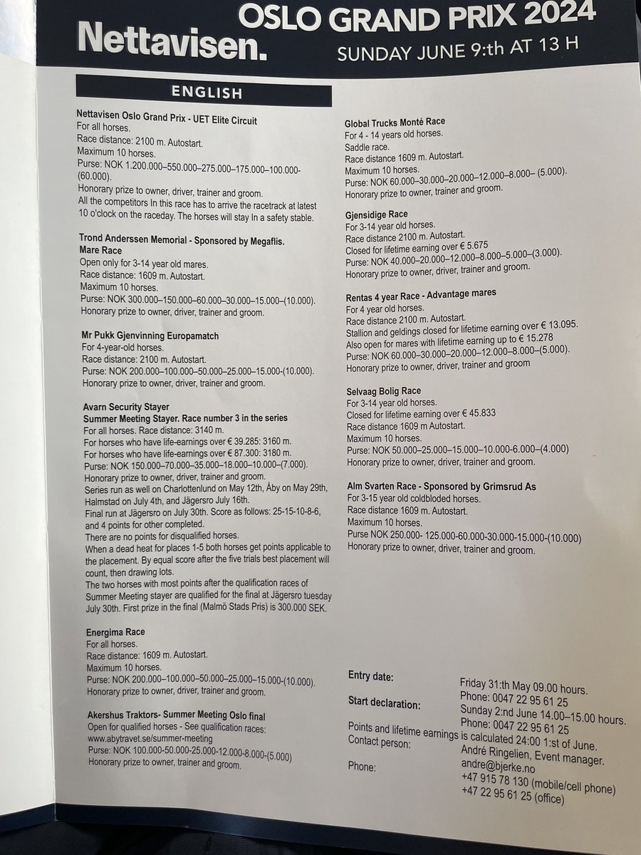 To all my racing friends around the world. Here is the program for the big day at <a href="/Bjerketrav/">Bjerkebanen</a>  in June. Any questions - contact <a href="/AndreRingelien/">André Ringelien</a> 🐴🇳🇴