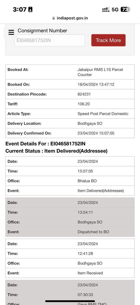 mrinalvarun's tweet photo. Same problem with article booked on 18/04/2024 at same address. Tracking status show item delivered on 23/04/24 but till date item not delivered. @PIB_India @IndiaPostOffice @PMOIndia . The concerned staff at BodhGaya post office is misleading the department https://t.co/xSiletqrFN