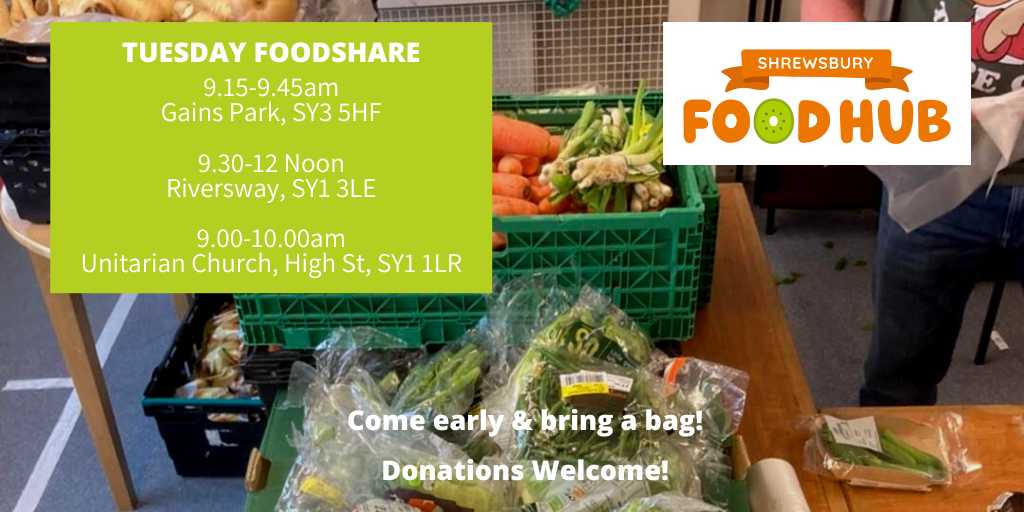 #Foodshares Tues 30 April
👉Bicton Heath Community Hall (Gains Park), Pensfold, SY3 5HF
⏰9.15-9.45am
👉Riversway, Lancaster Rd, SY1 3LE
⏰9.30-12noon
👉Unitarian Church, High St, SY1 1LR
⏰9.30-10.00amhttps://www.shrewsburyfoodhub.org.uk/foodshare-timetable
#InBelliesNotBins