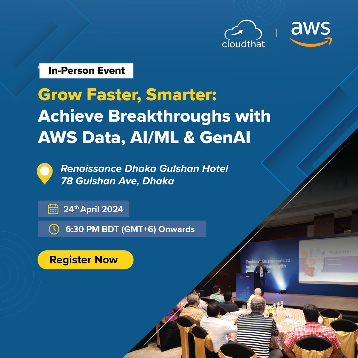 cloudthat's tweet photo. Calling IT decision makers of Bangladesh, for an In-person event, register now - https://t.co/Rs5ooU7brG

In today's data-driven world, businesses leveraging next-generation AI are 19 times more profitable. Join CloudThat and @awscloud for an In-person event to discover how you can build a modern data strategy with GenAI and unlock the power of digital transformation.

Discover how to:
1. Extract actionable insights from data leveraging GenAI
2. Harness the potential of AI & GenAI for automation
3. Revolutionize media delivery and audience engagement
4. Modernize applications for enhanced agility
5. Use of GenAI-powered tools to enable business users to access and analyze data independently
@PrarthitM

#aws #MachineLearning #CloudComputing #ArtificialIntelligence #GenAI
