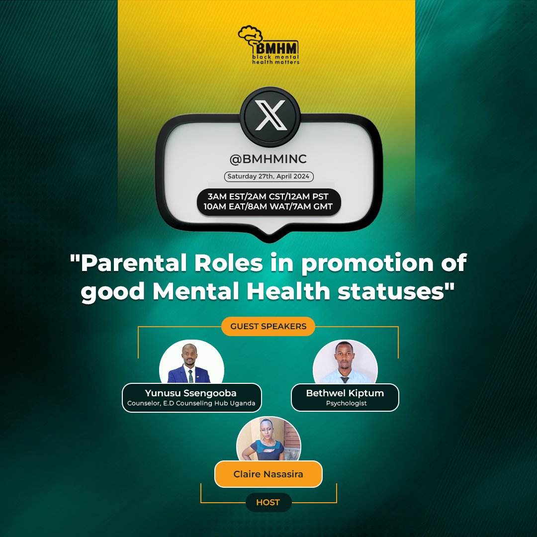 #BlackMentalHealthMatters🎗️ (@bmhminc) on Twitter photo This Saturday, let's explore parental roles in advocating for mental health in families, communities and society at large. Join <a href="/Ssengoobayunus1/">SSENGOOBA YUNUSU</a> and <a href="/Bethu_kip/">Arap Rono</a> as they expound more hosted by <a href="/Nasasira_Claire/">Claire Nasasira</a> via x.com/i/spaces/1OdJr…
#blackmentalhealthmatters
#MentalHealth This Saturday, let's explore parental roles in advocating for mental health in families, communities and society at large. Join <a href="/Ssengoobayunus1/">SSENGOOBA YUNUSU</a> and <a href="/Bethu_kip/">Arap Rono</a> as they expound more hosted by <a href="/Nasasira_Claire/">Claire Nasasira</a> via x.com/i/spaces/1OdJr…
#blackmentalhealthmatters
#MentalHealth