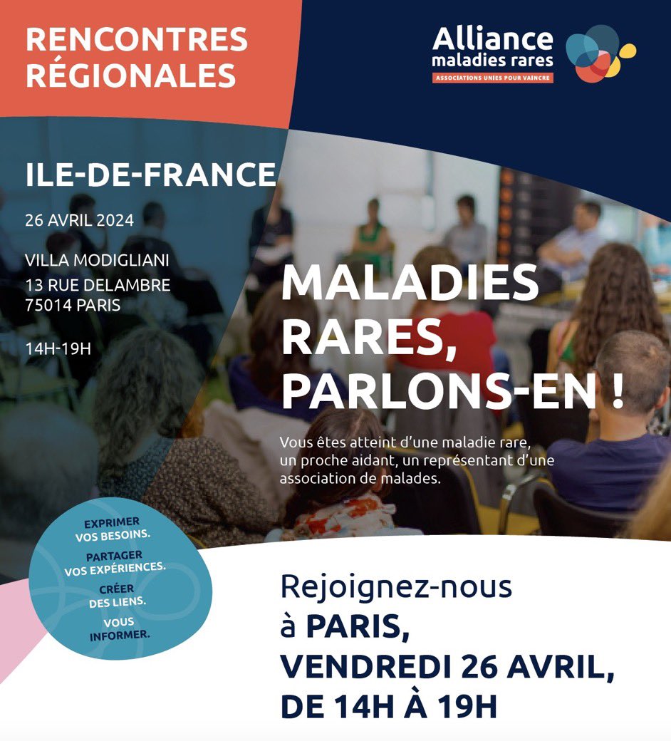 Maladies Rares Info Services (@maladierareinfo) on Twitter photo 🗓️#Rencontre régionale de l’Alliance Maladies Rares à #Paris14, ce vendredi, le 26/04, à partir de 14h.
Les maladies rares, parlons-en !
Plus d’info <a href="/AllianceMR/">Alliance maladies rares</a> 🗓️#Rencontre régionale de l’Alliance Maladies Rares à #Paris14, ce vendredi, le 26/04, à partir de 14h.
Les maladies rares, parlons-en !
Plus d’info <a href="/AllianceMR/">Alliance maladies rares</a>