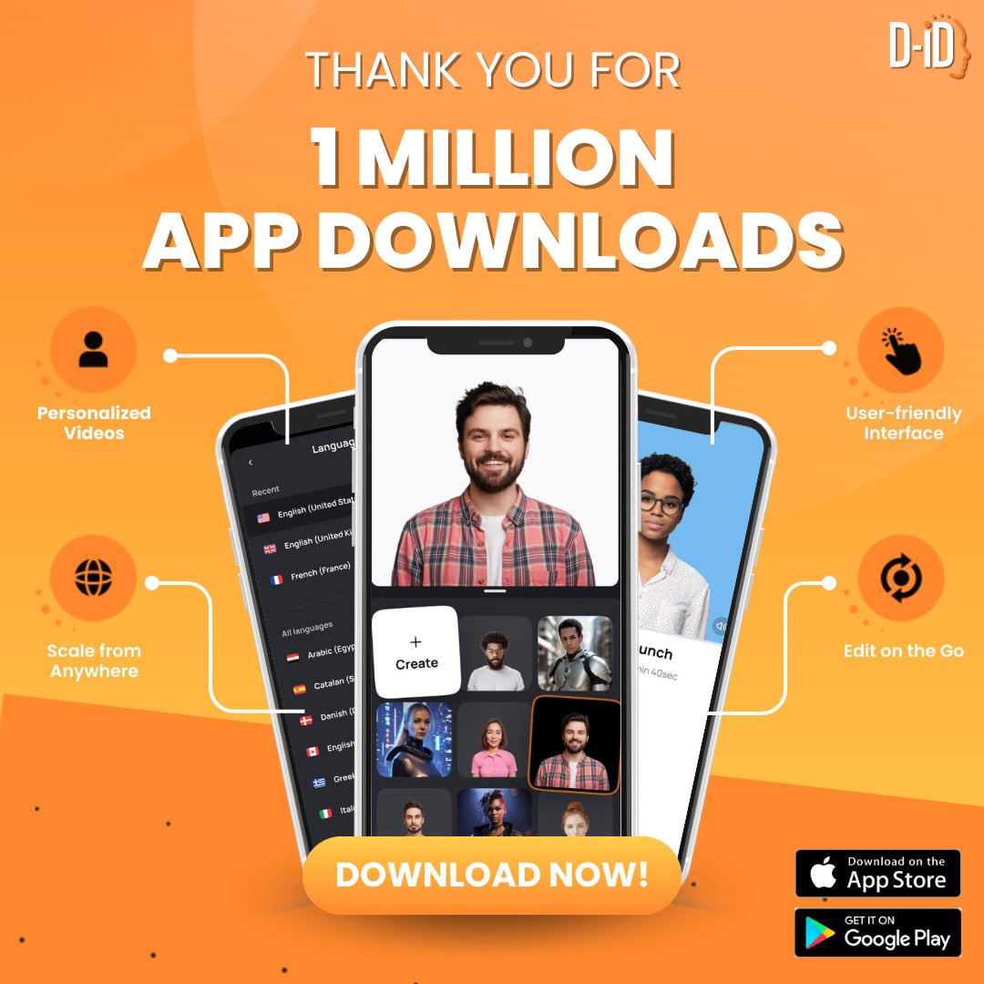 D_ID_'s tweet photo. Celebrating a Major Milestone: 1M+ Downloads in Just 5 Months! 🥳🎉

Whether you're a #marketer, #educator, or #ContentCreator, our #CreativeRealityStudio #MobileApp puts the magic of #AI in the palm of your hand, enabling you to produce content that captivates & engages! 🤩🚀

Download the app today! 👉👉 https://t.co/EnD9jMb9mI

#DID #DigitalHumans #GenAI #Tech