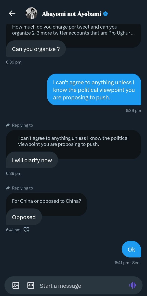 ALERT 🚨🚨🚨 

This account has just messaged me out of the cold attempting to propose paying money to me to post content pushing the narrative of the Uyghur genocide, as well as to organise others to do the same. This kind of thing probably happens more often than you think.