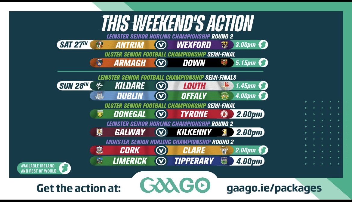 Huge weekend of ⁦<a href="/officialgaa/">The GAA</a>⁩ action ahead across ⁦<a href="/RTEsport/">RTÉ Sport</a>⁩, ⁦<a href="/BBCSPORTNI/">BBC SPORT NI</a>⁩ &amp; ⁦@GAAGO⁩