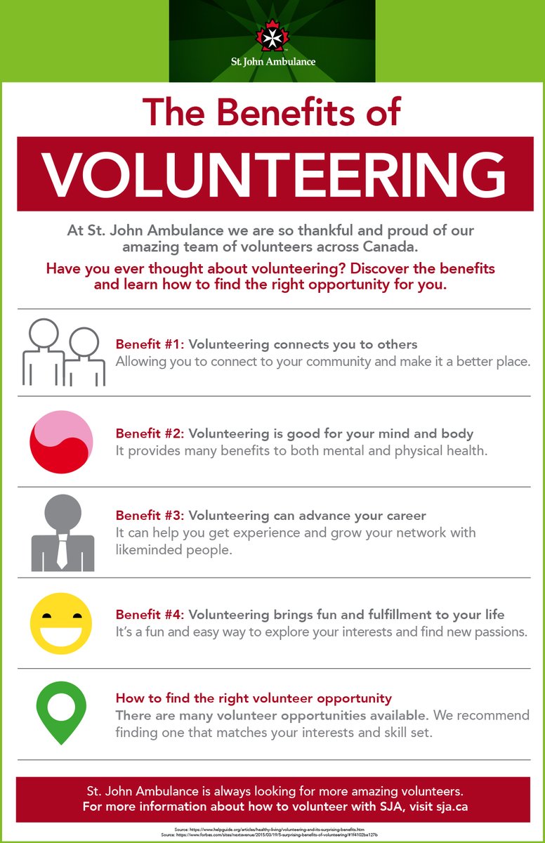 Has #VolunteerMonth got you thinking about volunteering? Discover the benefits and learn how to find the right opportunity with our infographic! Visit sja.ca and start a new journey today ⛑ #volunteering #ontario #stjohnambulance