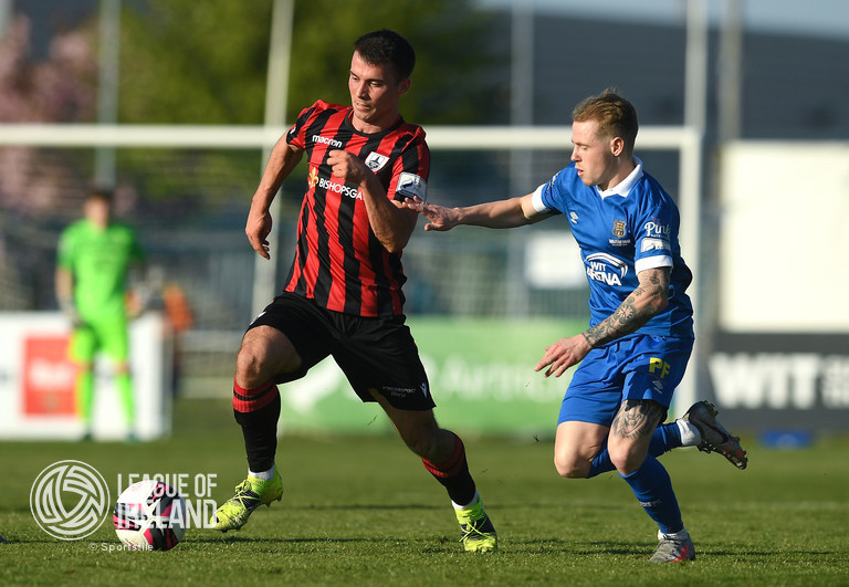 𝗢𝗻 𝗧𝗵𝗶𝘀 𝗗𝗮𝘆! | 🔴⚫️ 24 April 2021; Karl Chambers in action against James Waite of Waterford during the Premier Division match between Waterford & Longford Town at the RSC. Tickets for our match v Wexford. 👇 ltfc.ie/tickets/ #Town2024 | #LTFC | #CmonDeTown