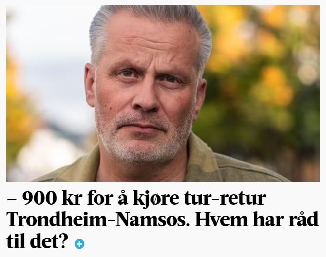 Tur/retur Trondheim-Namsos med tog/buss koster ganske nøyaktig 900 kroner. For én person.
Jeg hadde håpet at denne artikkelen dreide seg om kollektivpriser - men det er altså bompenger for bil det er snakk om. Da kan du ha med inntil 5 personer for samme pris - et røverkjøp!