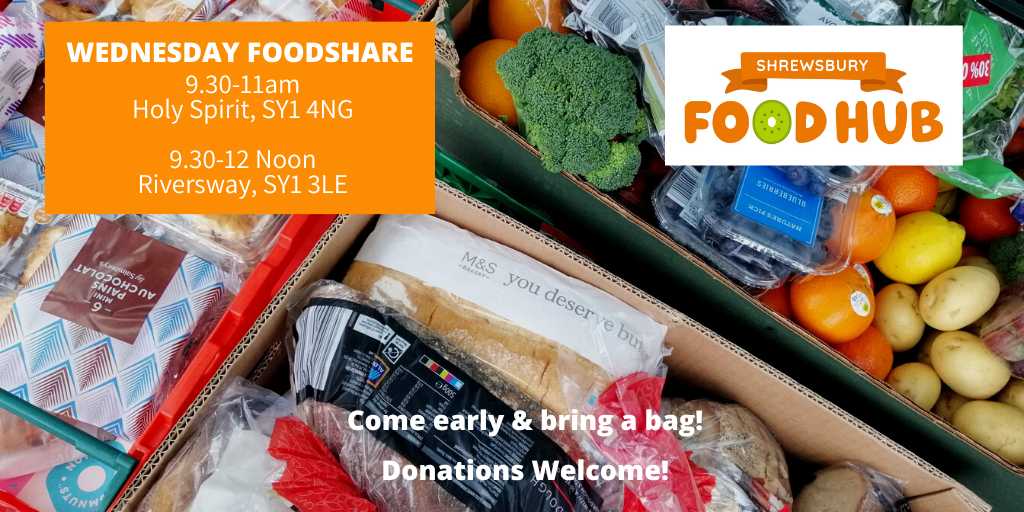 #Foodshares Wed 1 May
👉Church of Holy Spirit, 49 Meadow Farm Drive, SY1 4NG
⏰9.30-11am
👉Riversway, Lancaster Rd, SY1 3LE
⏰9.30am -12 noon
shrewsburyfoodhub.org.uk/foodshare-time…
#InBelliesNotBins #HubLove #greenguide #ecoconscious #supportingcommunity #ZeroFoodWaste #ReduceFoodWaste