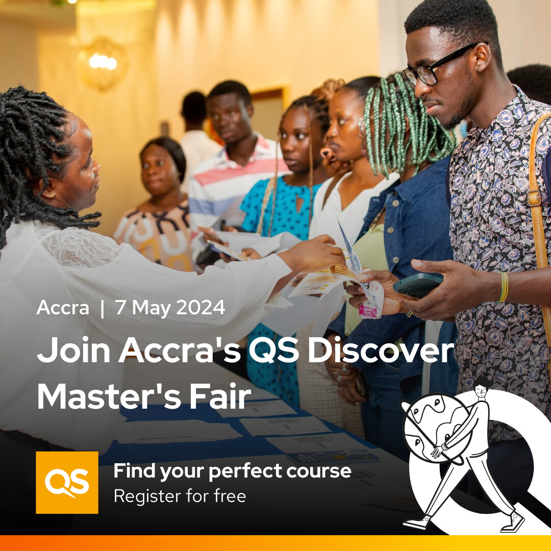 Join us at the #QS Discover Master’s #Fair in Accra on 7 May – meet top global #universities, get expert advice and apply for exclusive #QSImpACT #scholarships. 📅:Tue 7 May ⏰:6:30pm to 9:00pm 📍: #Accra Marriott Hotel Register for free:👇 🔗bit.ly/AccracampusFra… #QSEvents