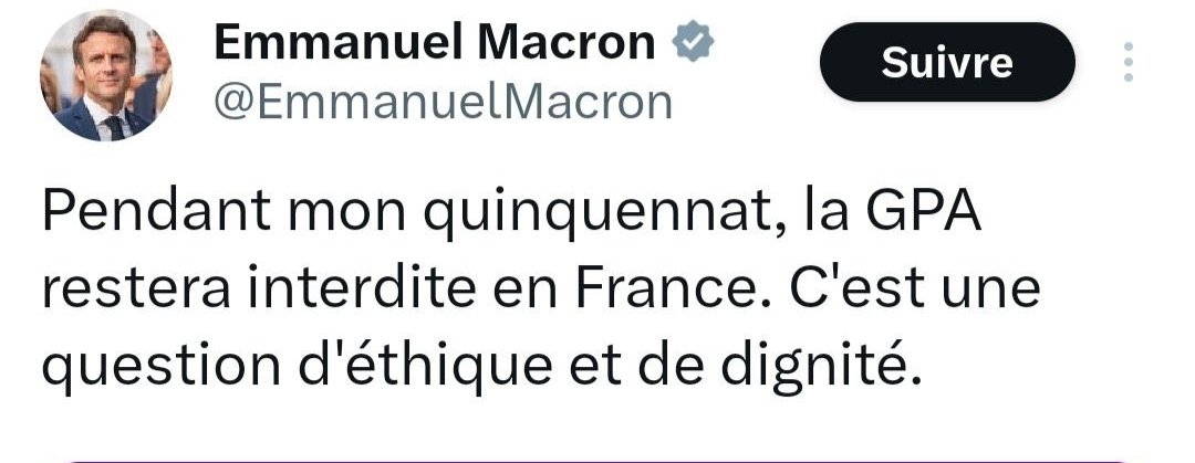 Le débat sur la GPA, illégale en France, c'est poser la question de la marchandisation du corps humain et a fortiori de celui des femmes et, comme l'a dit E.M. lui-même c'est une question de dignité. C'est aussi être poser la question d'une marchandisation qui touchera…