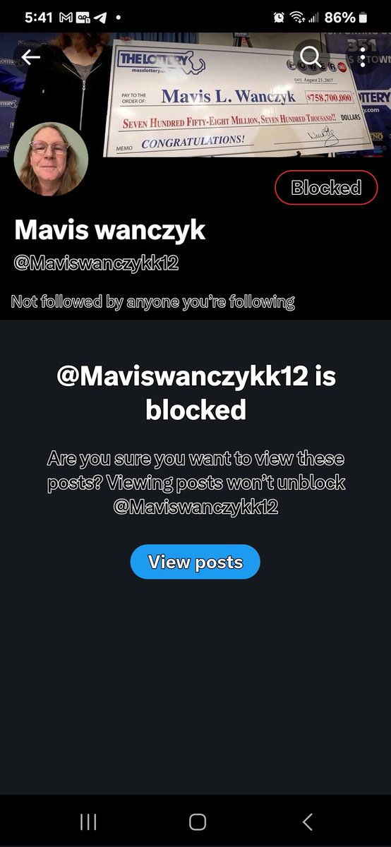X family, if you're getting responses from this person who has multiple accounts, do not fall for her lies. This is a scam! Report & block every account that shows up. 
FACT! The real Mavis Wanczyk from Chicopee, MA does not promote $$ giveaways on X, FB or any other platform.