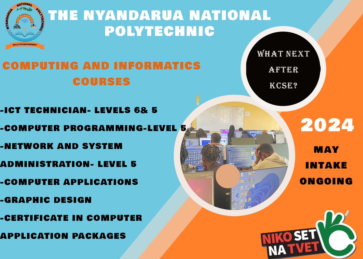 Welcome to Nyandarua National Polytechnic department of Computer and informatics.

#mayintakeongoing apply students.kuccps.net
