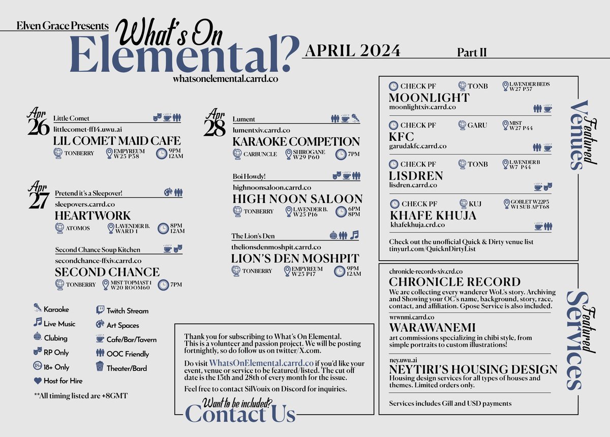 Dear gentle readers, here's the update of our newsletter to include more events recently announced for the last week of April!

Help our elves! Include your events, services, and venues, or check out our magazine at vouixiv.carrd.co! #ElementalDC #FFXIVRP