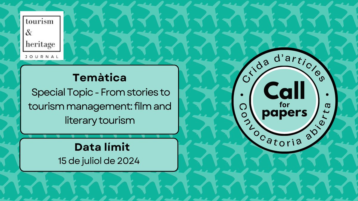 📣#CallforPapers a #RCUB:

📚Revista Toursim &amp; Heritage <a href="/THJournal/">Tourism&Heritage Journal</a>

💡Temàtica: Special Topic - From stories to tourism management: film and literary tourism

📅 Fins al 15 de juliol de 2024

🔗revistes.ub.edu/index.php/tour…