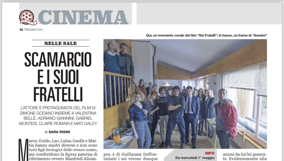 Il 1º maggio arriva in sala “Sei fratelli” (@01Distribution), film corale diretto da #SimoneGodano che vede tra i protagonisti #RiccardoScamarcio, #AdrianoGiannini, #ValentinaBellè e @MontesiGabriel. Ne parla @SaraRisini sul #TrovaRoma, in edicola domani con @repubblica.