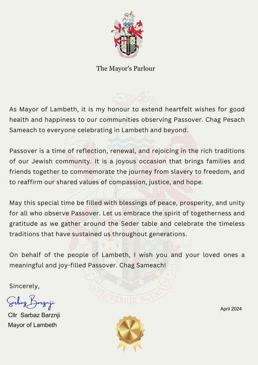 As Mayor of Lambeth, I extend heartfelt wishes for good health and happiness to our communities observing Passover. Chag Pesach Sameach to everyone celebrating in Lambeth and beyond! Passover is a time of reflection, renewal, and rejoicing in the rich traditions of our Jewish