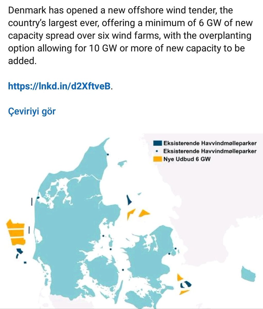 Denmark has opened a new offshore wind tender, the country’s largest ever, offering a minimum of 6 GW of new capacity spread over six wind farms, with the overplanting option allowing for 10 GW or more of new capacity to be added.

lnkd.in/d2XftveB.