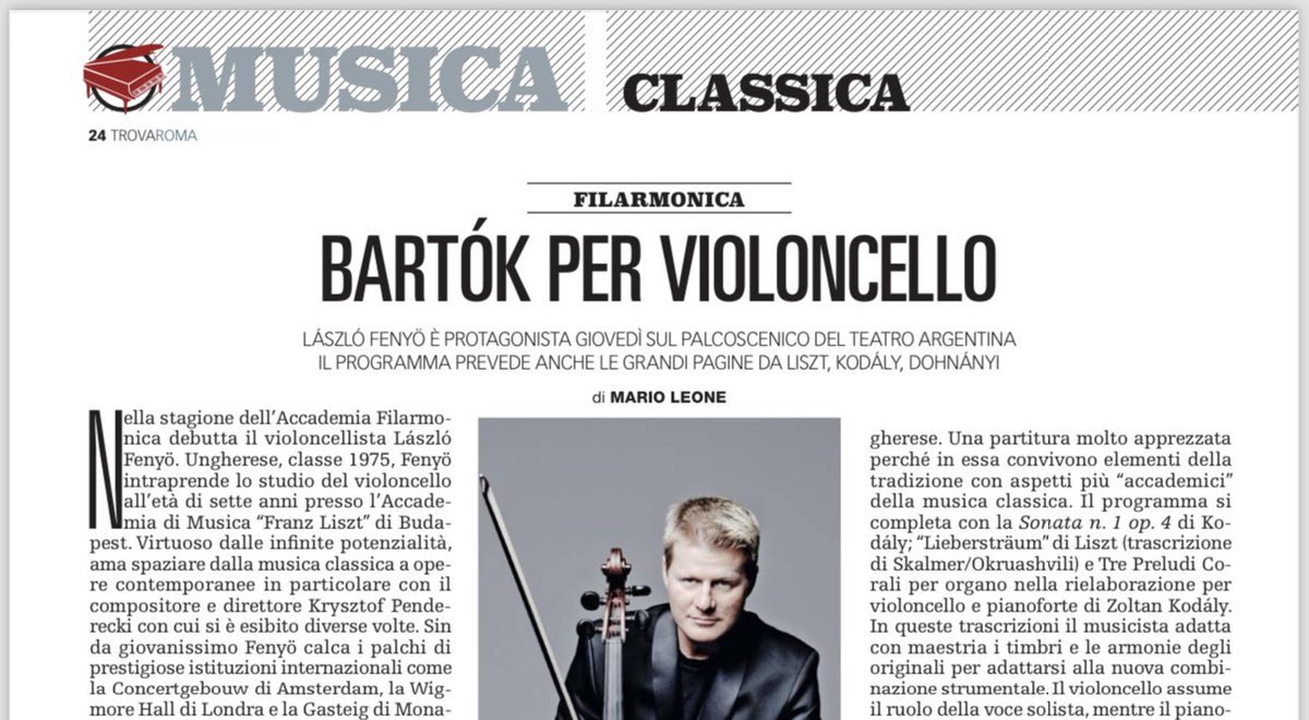 Il violoncellista #LászlóFenyö è protagonista giovedì all’Argentina (@teatrodiroma) sulle note di Bartók, Liszt, Kodály e nell’ambito della stagione dell’Accademia Filarmonica Romana. Ne parla @maestroleone sul #TrovaRoma, in edicola domani con @repubblica. Inviti per i lettori.