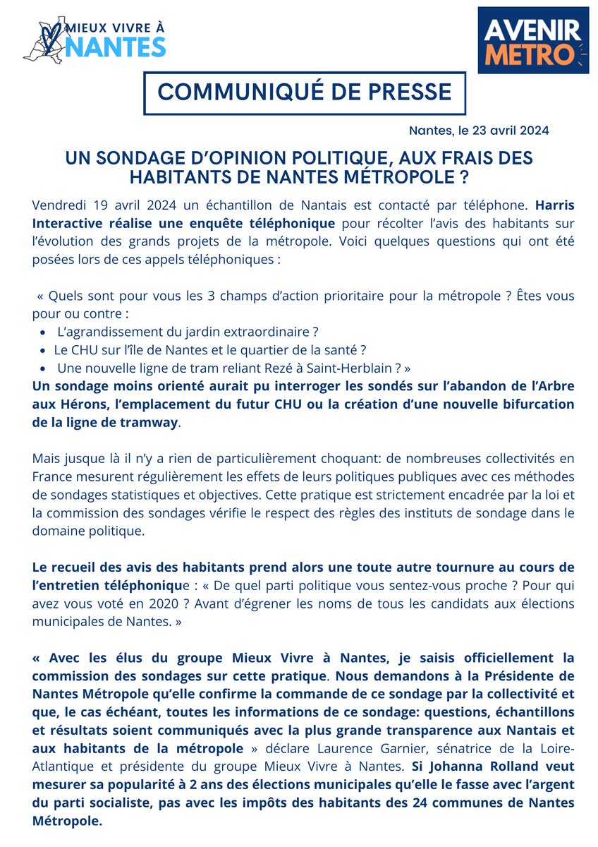 📝Un sondage d'opinion politique aux frais des habitants de @NantesMetropole Un sondage aux fausses allures de baromètre électoral. Nous avons saisi la Commission des sondages. L'argent des Nantais ne dois pas servir à financer une enquête de popularité pour @Johanna_Rolland.