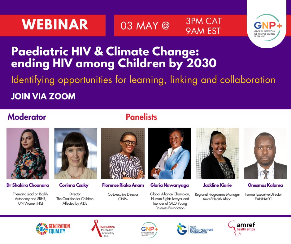 GNP+ is bringing together experts and leaders on #HIV to discuss the adverse effects of climate change and its impact on children living with HIV and access to treatment and explore opportunities for linking the work. Share lessons learned from #COVID-19 and how to incorporate