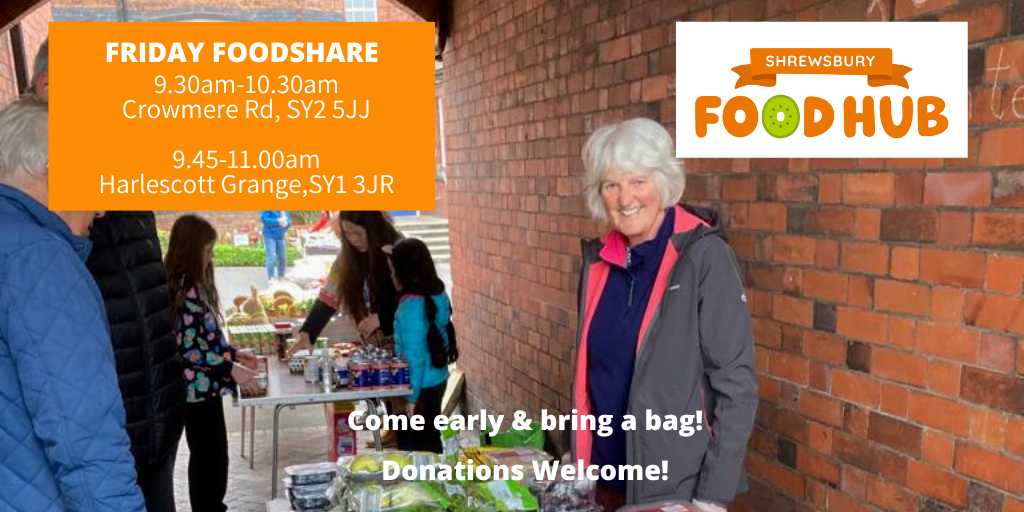 #foodshares Friday 3 May
👉Shrewsbury Baptist Church, Crowmere Rd, SY2 5JJ
⏰9:30am - 10.30am
👉Harlescott Grange community hub
⏰9.45am - 11am, Kynaston Road, Harlescott Grange, SY1 3JR
shrewsburyfoodhub.org.uk/foodshare-time…
#inbelliesnotbins #HubLove #LoveFood #reducefoodwaste
#surplusfood