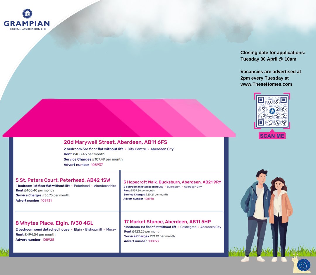 🏡 LATEST THESE HOMES PROPERTIES This week @GrampianHA have 5 properties advertised on These Homes. For more info and to apply: tinyurl.com/2djemsks Closing date Tuesday 30 April @ 10am #GrampianHA #TheseHomes #AffordableRent #Aberdeen #Aberdeenshire #Moray #Housing