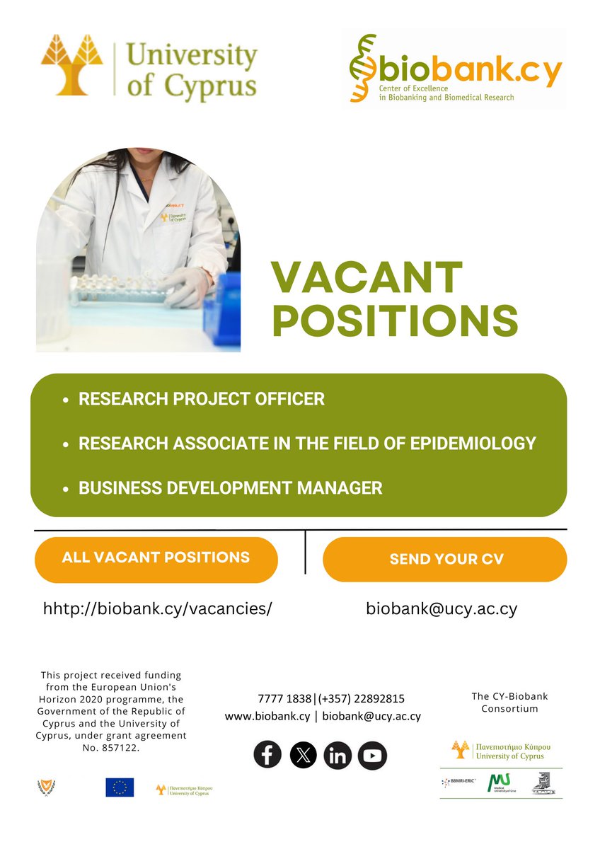 As our Center of Excellence continues to expand, we are thrilled to announce that we're on the lookout for passionate and specialized individuals to join our dynamic team! Info: biobank.cy/vacancies/ #biobankcy #H2020 #EU2020 #UCY #biobank #Cyprus