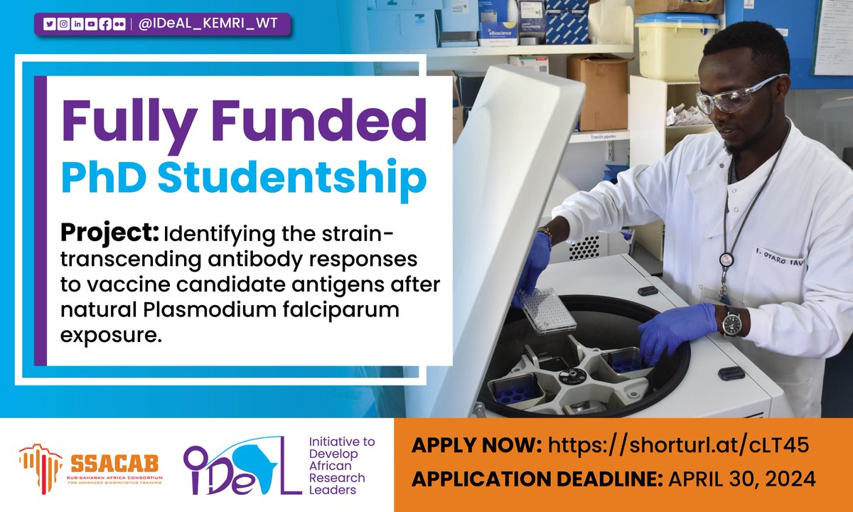 IDeAL, Africa (@ideal_kemri_wt) on Twitter photo Apply for the Sub-Saharan Africa Advanced Consortium for Biostatistics PhD studentship @SSACABDeltas in collaboration with the <a href="/KEMRI_Wellcome/">KEMRI-Wellcome Trust</a> & <a href="/IDeAL_KEMRI_WT/">IDeAL, Africa</a>
Deadline: April 30, 2024
Apply: shorturl.at/cLT45 Apply for the Sub-Saharan Africa Advanced Consortium for Biostatistics PhD studentship @SSACABDeltas in collaboration with the <a href="/KEMRI_Wellcome/">KEMRI-Wellcome Trust</a> & <a href="/IDeAL_KEMRI_WT/">IDeAL, Africa</a>
Deadline: April 30, 2024
Apply: shorturl.at/cLT45
