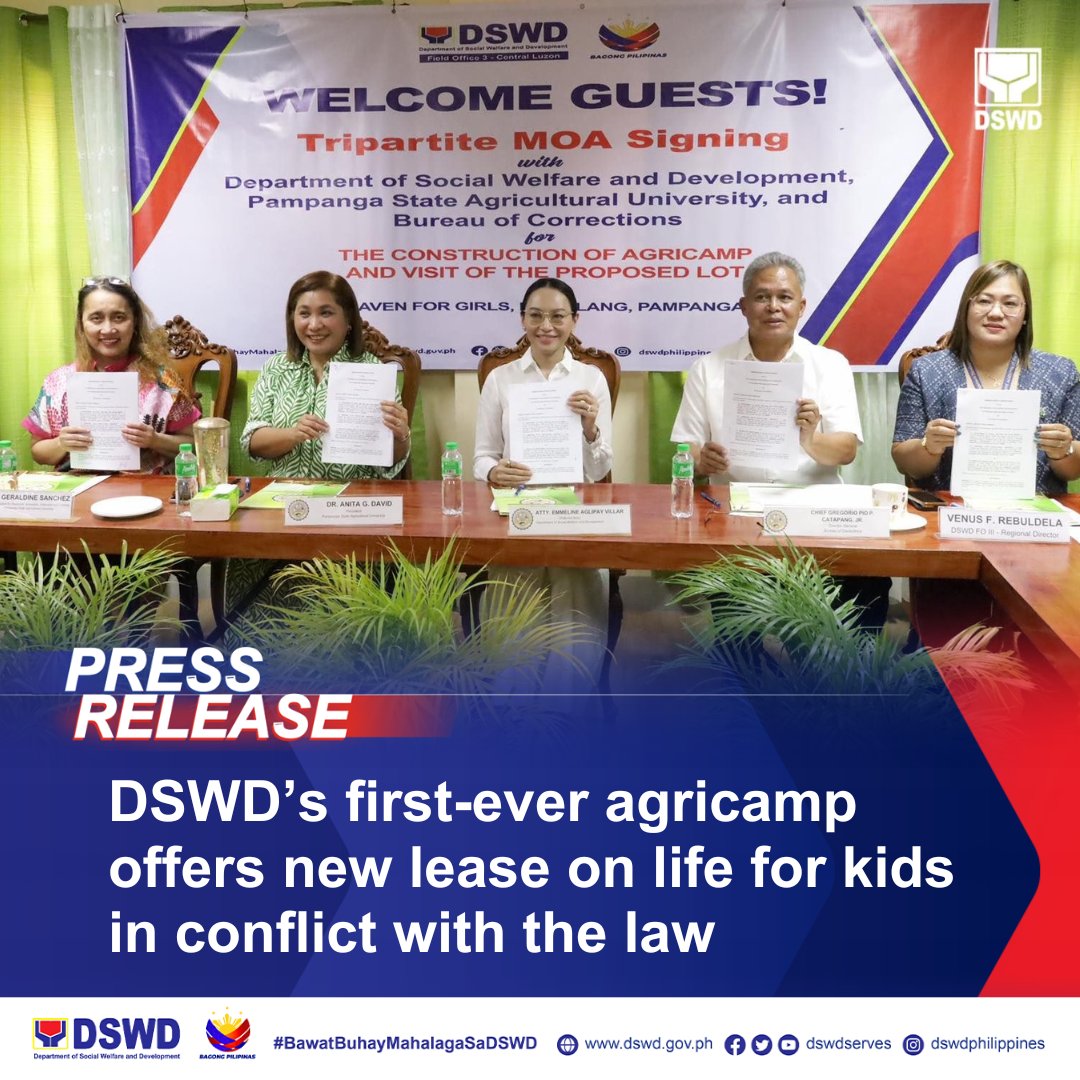 𝗗𝗦𝗪𝗗 𝗣𝗥𝗘𝗦𝗦 𝗥𝗘𝗟𝗘𝗔𝗦𝗘: DSWD’s first-ever agricamp offers new lease on life for kids in conflict with the law The Department of Social Welfare and Development (DSWD) has tied up with the Bureau of Corrections (BuCor) and the Pampanga State Agricultural University