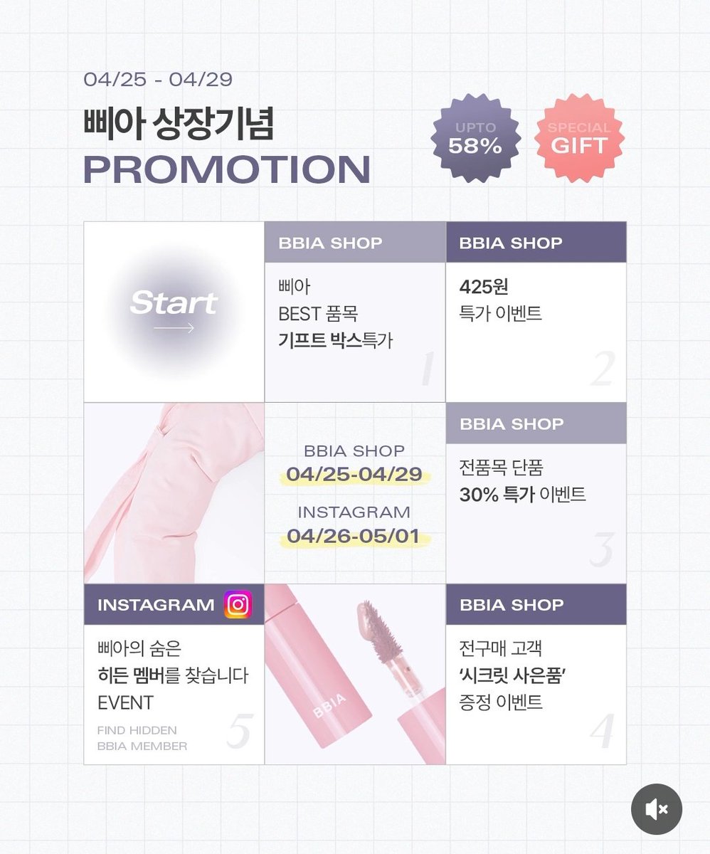 🎉삐아 상장 기념 프로모션🎉 ▪︎4/25 - 4/29 삐아샵 프로모션 삐아 best 품목 기프트박스 특가 425원 특가 이벤트 전품목 단품 30% 특가 이벤트 - 전구매 고객 시크릿 사은품 증정 ▪︎4/26 - 5/1 삐아 인스타그램 이벤트