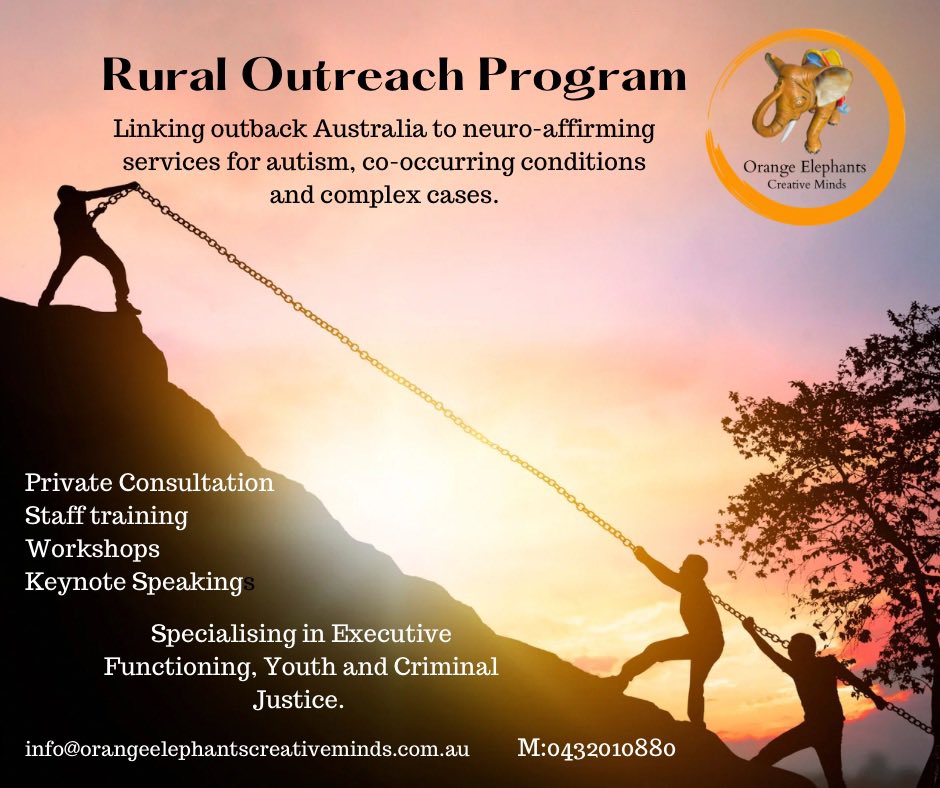 Rural outreach program. Bringing neuro-affirming solutions for everyday problems to outback Australia info@orangeelephantscreativeminds.com.au

#outbackaustralia #ruralprogram #neuroaffirming #Autism #ADHD #complexcases #consultations #stafftraining